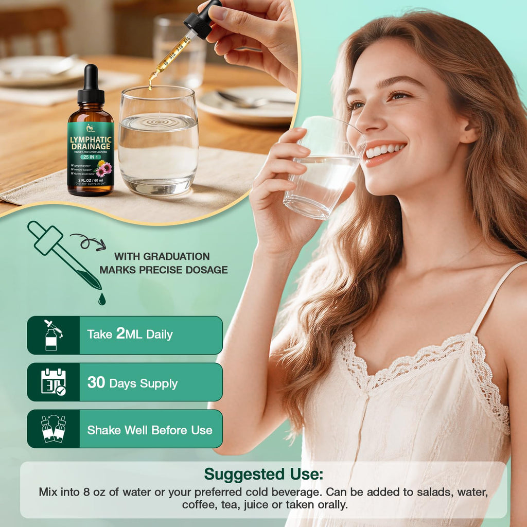 25-in-1 Lymphatic Drainage Drops – Lymphatic Drainage Supplements for Lymph System, Immune Support, Natural Cleanse & Detox - Daily Supplement High Absorption for Overall Wellness 2 Fl Oz (60ml)