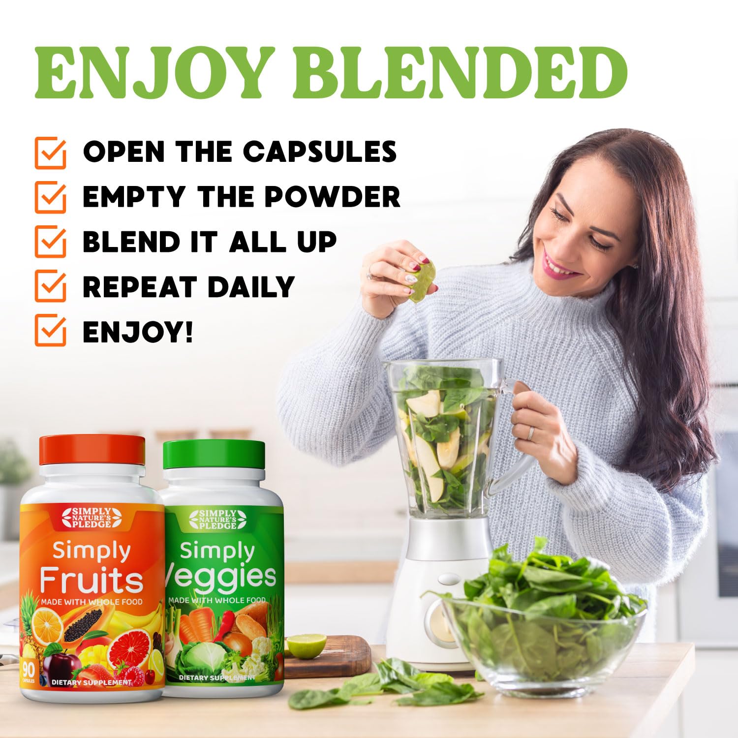 Simply Nature's Pledge Fruits & Vegetables Supplement, 360 Capsules, 4-Pack | Whole Food Superfoods, Fruits & Veggies, Energy, Immune & Digestive Support, Vegan, Gluten free, Soy Free, Third-Party Tested
