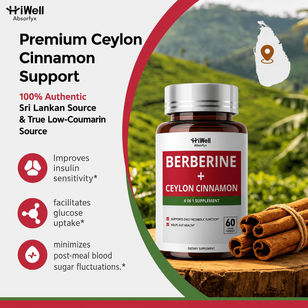 HiWell Berberine with Ceylon Cinnamon 300mg, Gentle 4-in-1, 30-Day Supply