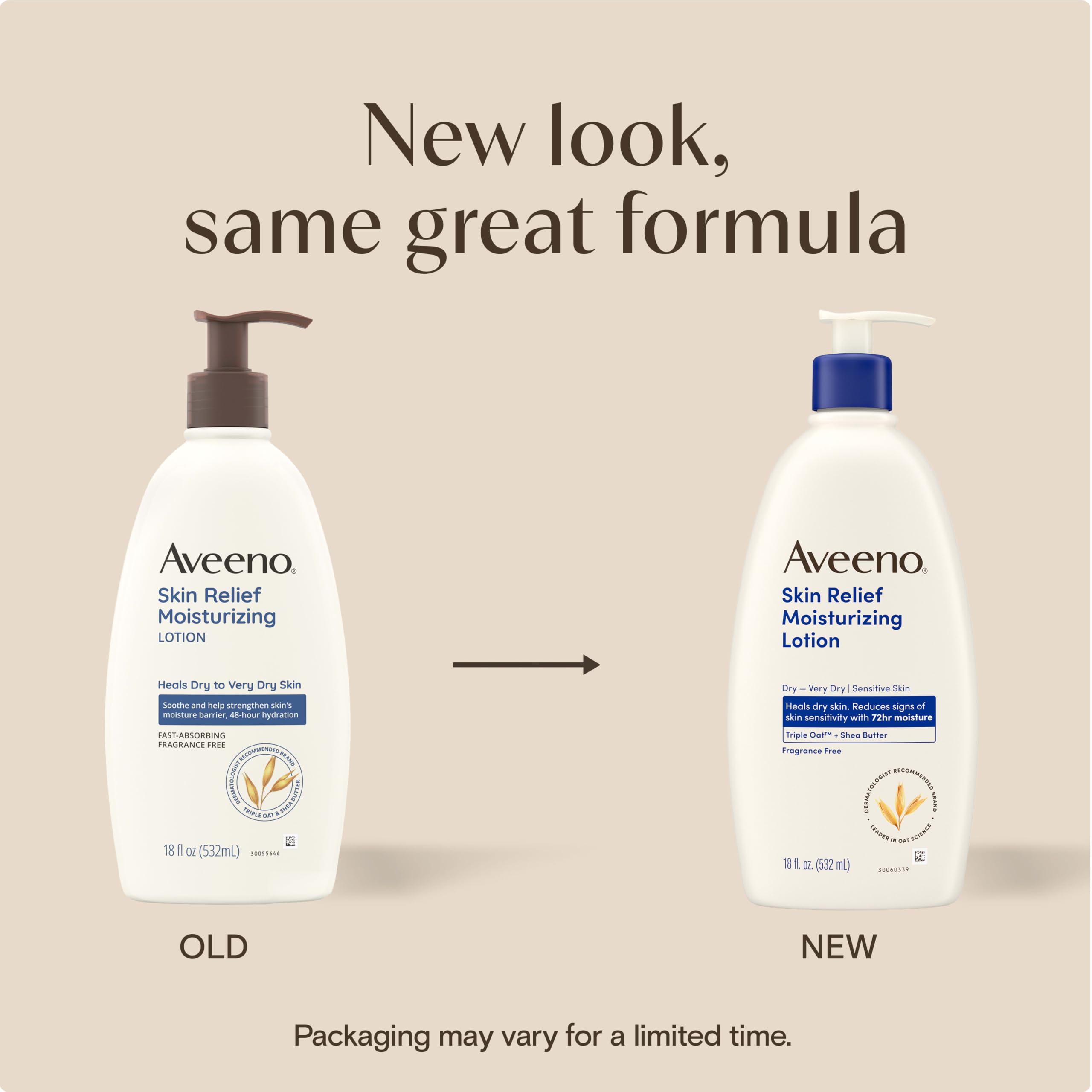 Aveeno Skin Relief Moisturizing Body Lotion Heals Very Dry, Sensitive Skin, Fast Absorbing Lotion with Soothing Triple Oat & Shea Butter Formula, Fragrance Free Lotion, Non-Comedogenic, 18 Fl Oz