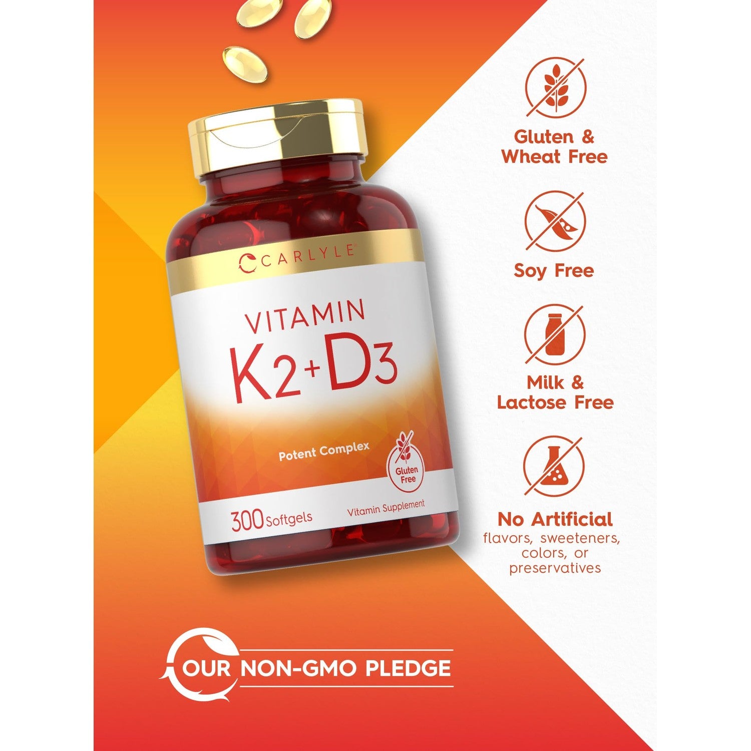 Carlyle Vitamin K2 D3 Supplement | 300 Softgels | 200mcg K2 MK7 & 10,000 IU D3 | Non-GMO, Gluten Free