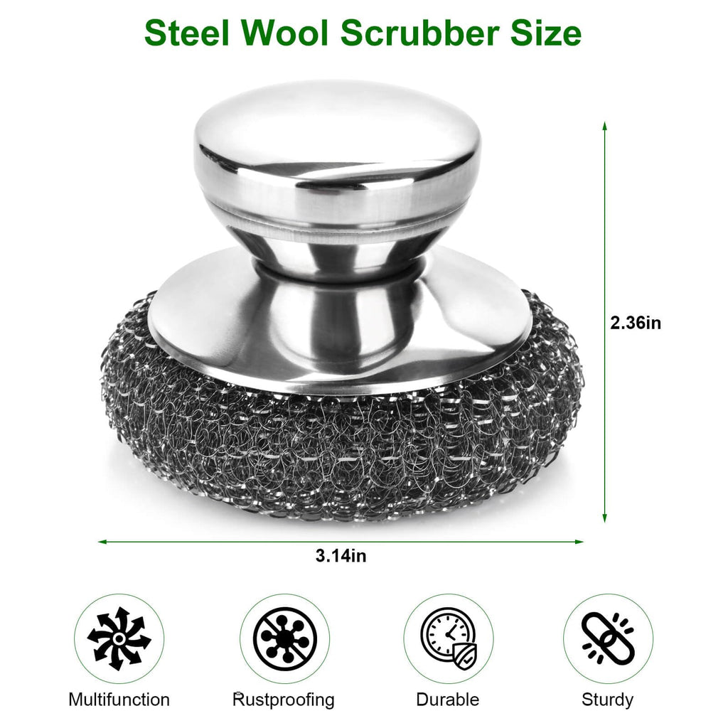 4PCS Steel Wool Scrubber Pads, Stainless Steel Scrubber Set with 3Pcs Steel Wool Pads, Steel Scrubber for Dishes, Ideal for Cleaning Cast Iron, Pots, Pans, Grills, Stoves, Sink, Kitchen Household