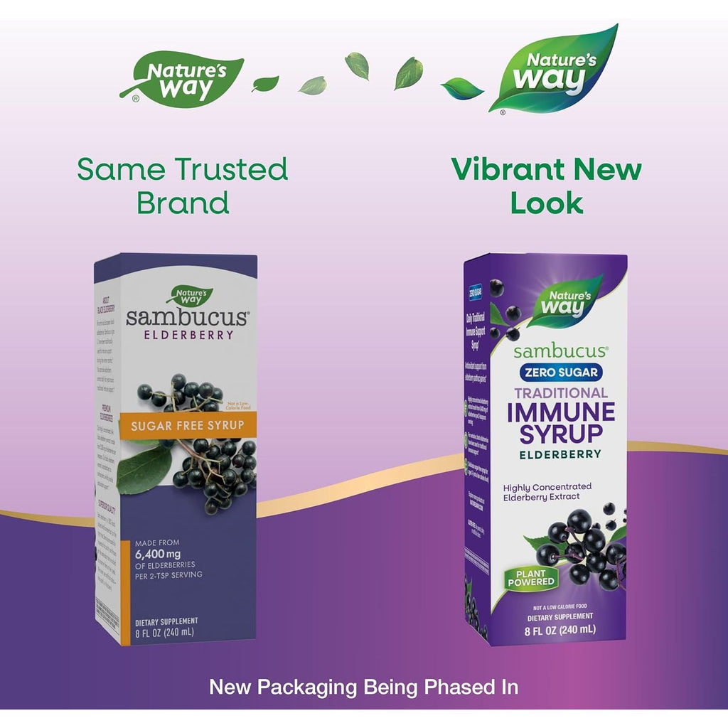 Buy now Natureâ€™s Way Sambucus Zero Sugar Traditional Immune Syrup, Highly Concentrated Black Elderberry Extract, Traditional Immune Support*, Sugar-Free, Berry Flavored, 8 Fl Oz (Packaging May Vary) at indiglob india