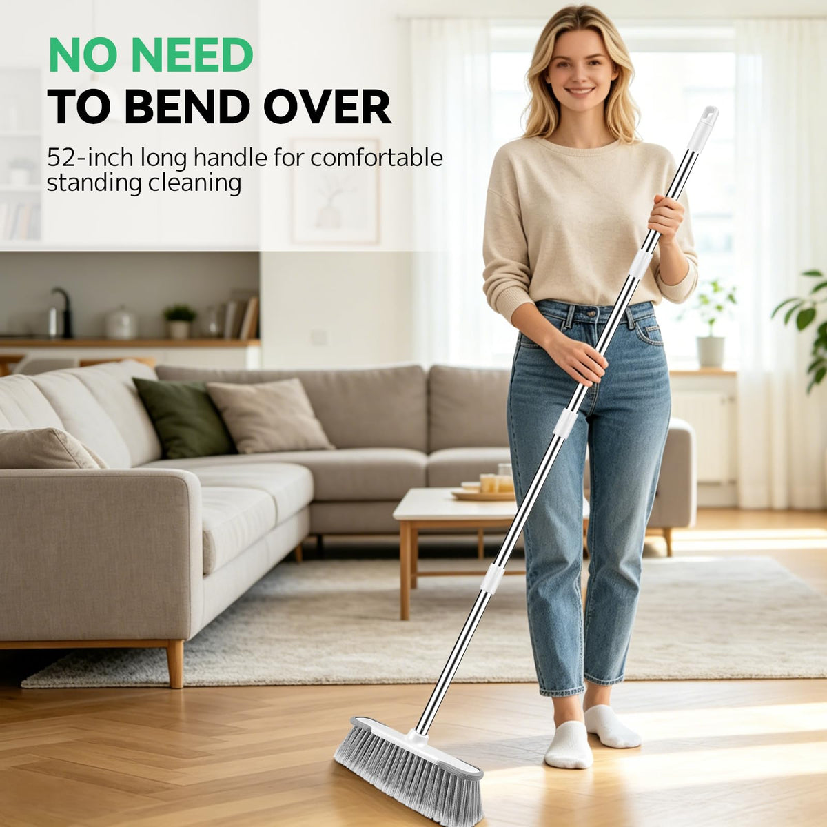 SetSail Indoor Soft Bristle Broom，52'' Long Handle House Broom for Sweeping