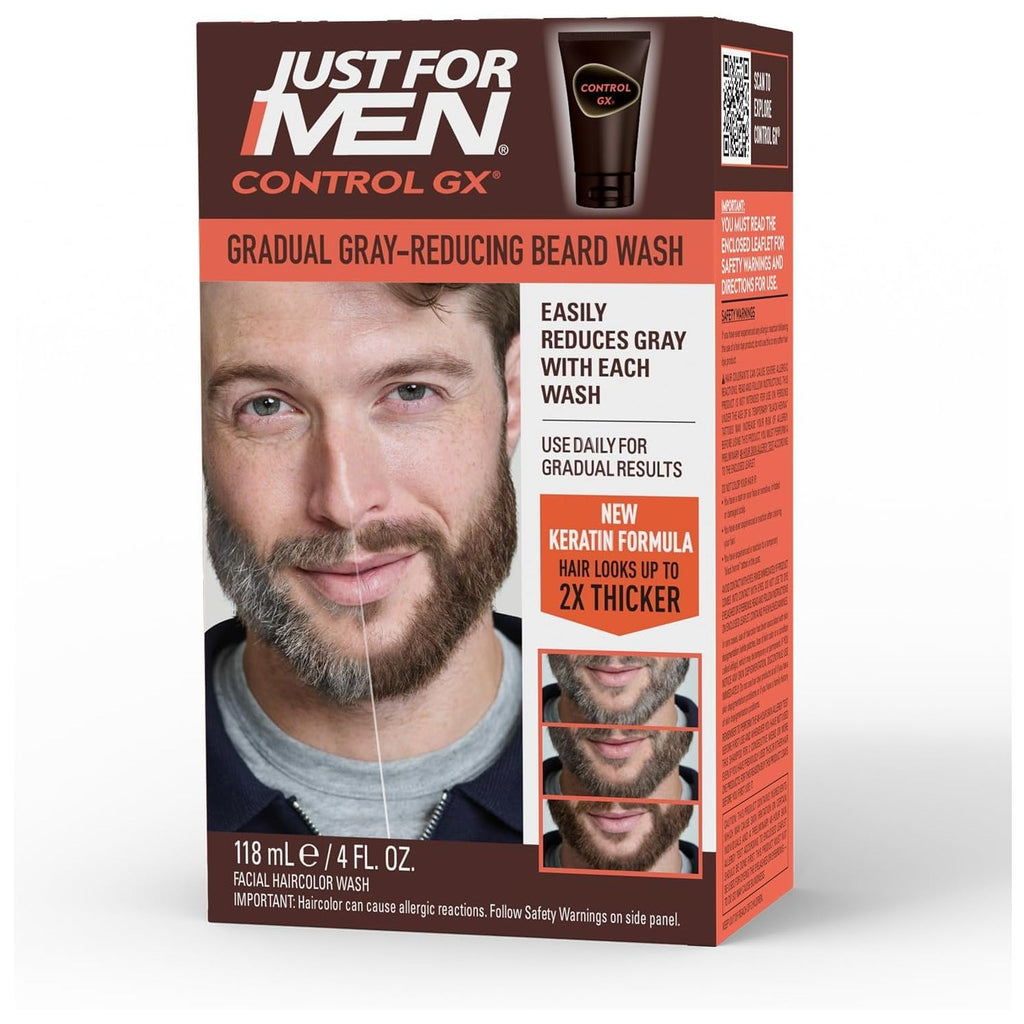 Just for Men Control GX Beard Wash, Gradually Reduces Grey, 4 Fl Oz (1 Pk) | Control GX Beard Wash gradually reduces grays in facial hair with each wash. Keratin strenthens and thickens hair.