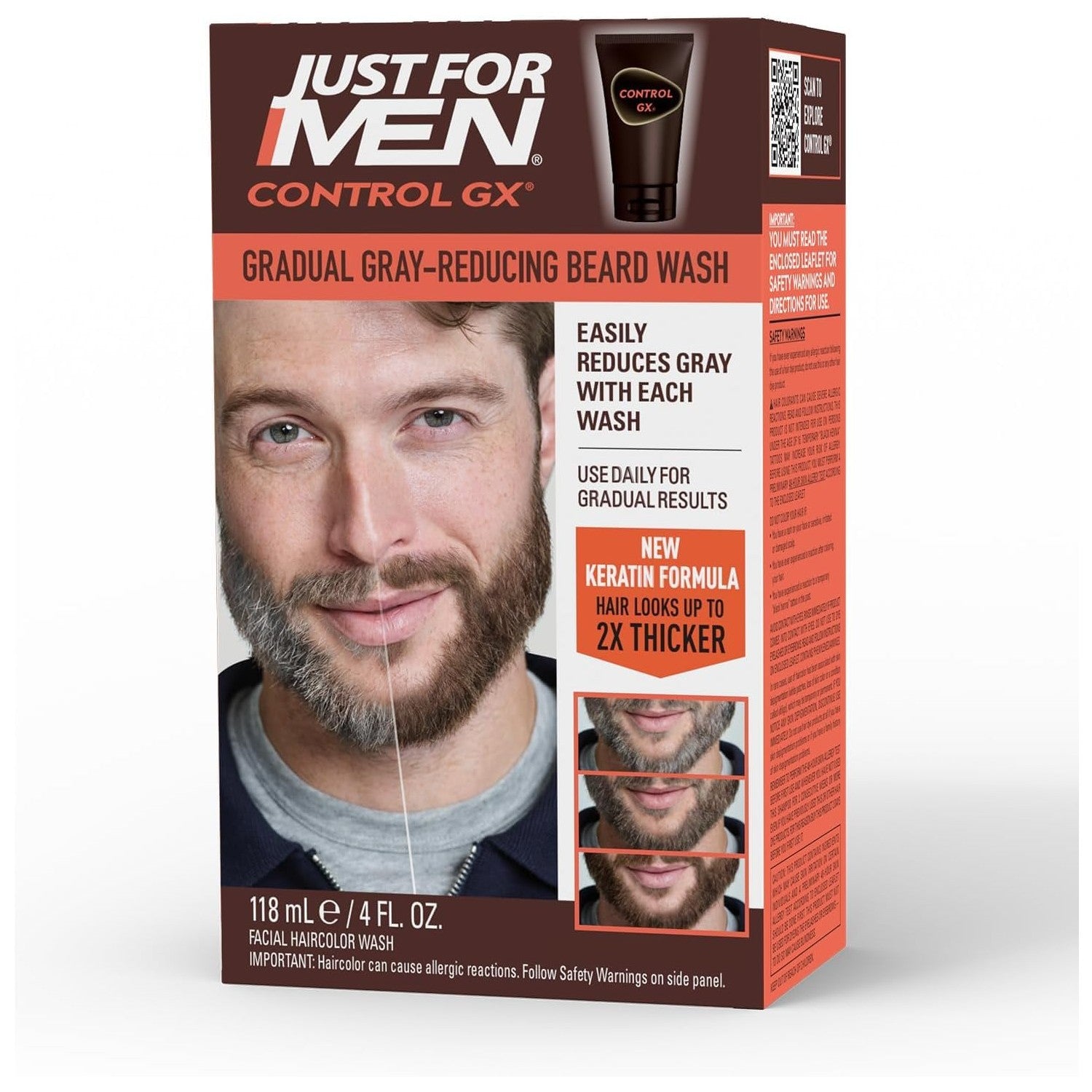 Just for Men Control GX Beard Wash, Gradually Reduces Grey, 4 Fl Oz (1 Pk) | Control GX Beard Wash gradually reduces grays in facial hair with each wash. Keratin strenthens and thickens hair.