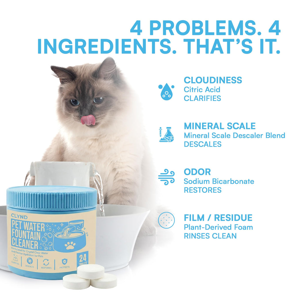 Pet Water Fountain Cleaner and Descaler Tablets 24-Pack Residue-free Fountain Cleaning Tablets for Cat and Dog Pump and Filter Maintenance, Cleaning Kit Compatible, Safe for Plastics and Metals