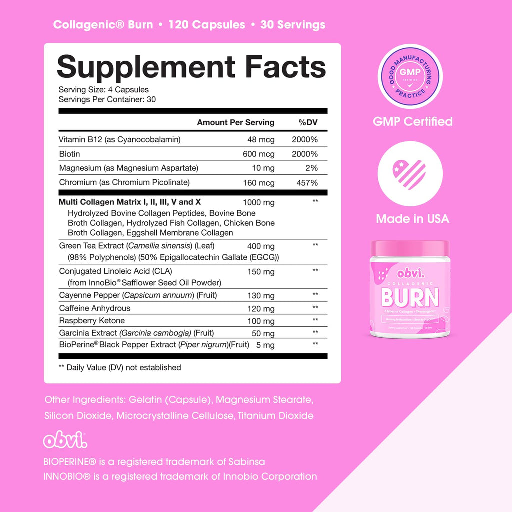 Obvi Collagenic Burn | Hydrolyzed Collagen Peptides + Green Tea Extract Supplement | Supports Metabolism & Daily Wellness | with Biotin, B12 & BioPerine | 30 Servings | 120 Capsules