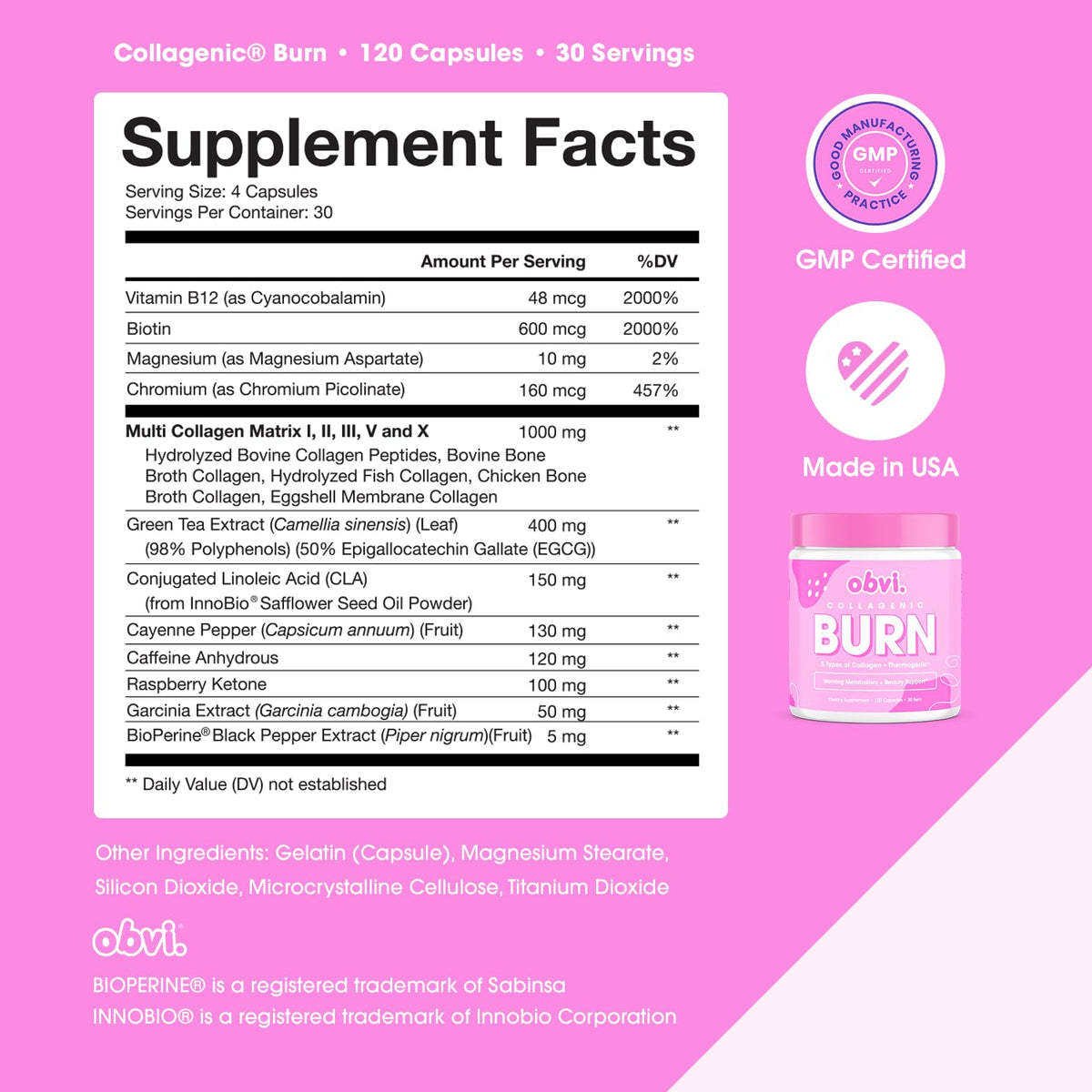 Obvi Collagenic Burn | Hydrolyzed Collagen Peptides + Green Tea Extract Supplement | Supports Metabolism & Daily Wellness | with Biotin, B12 & BioPerine | 30 Servings | 120 Capsules