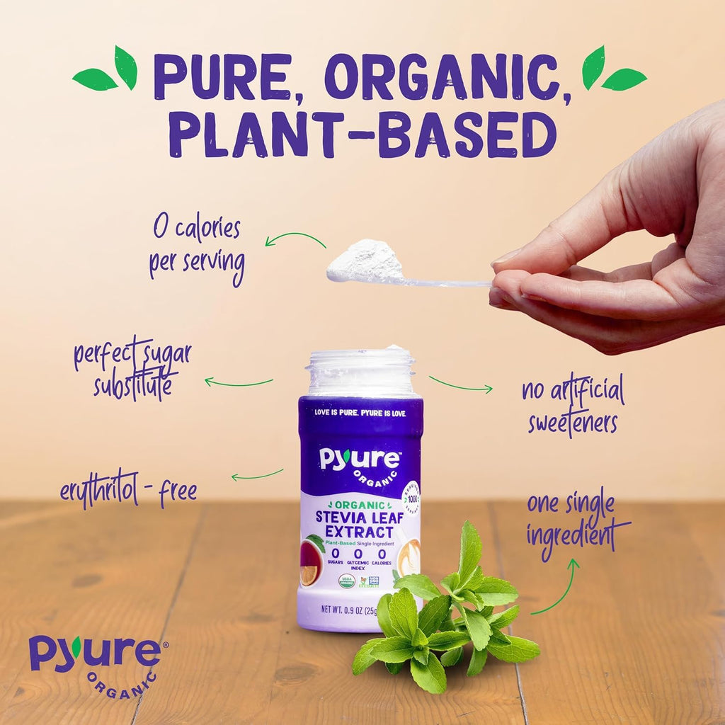 Pyure Organic Stevia Extract Powder, 100% Pure Stevia Leaf Extract, No Fillers, Sugar-Free, Keto, Paleo, Diabetic Friendly, Zero Calorie, 300x Sweeter Than Sugar, 1,000 Servings, USDA Organic