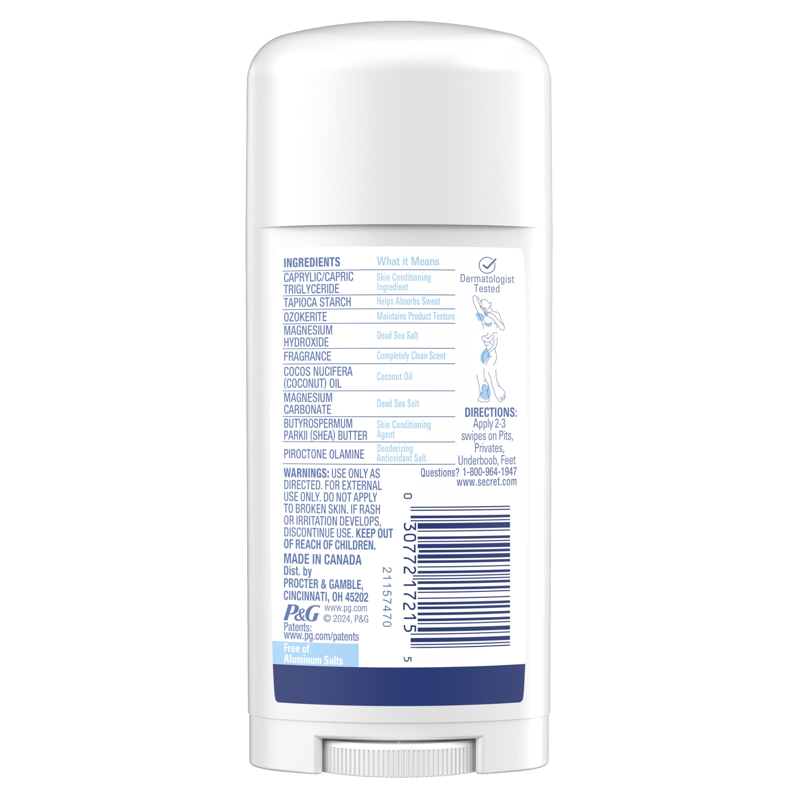 Secret Whole Body Deodorant Dry Feel Stick + Absorbs Sweat for Women, Naturally Derived Ingredients, Completely Clean Scent, Aluminum Free Deodorant Stick, 72 HR Odor Protection, 2.4 oz