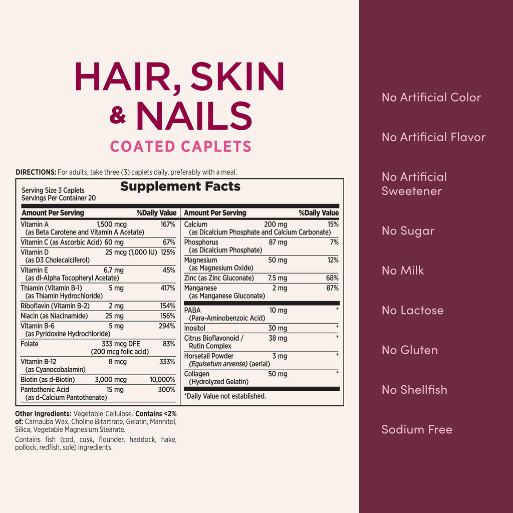 Nature's Bounty Optimal Solutions Hair, Skin & Nails Formula, 20 Servings | With 3,000 mcg Biotin, 60 Coated Caplets