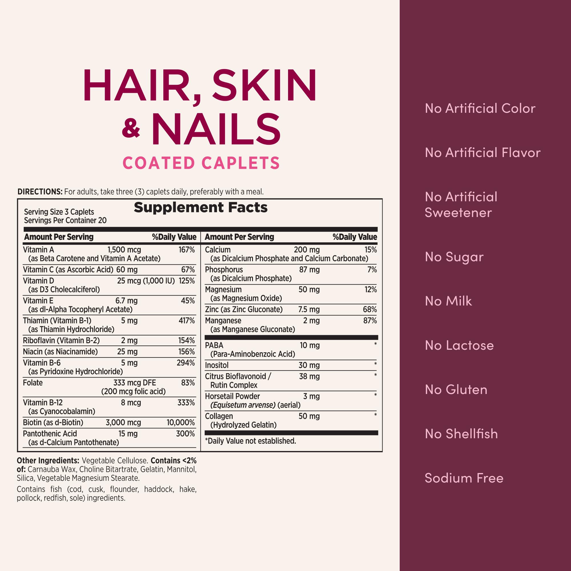 Nature's Bounty Optimal Solutions Hair, Skin & Nails Formula, 20 Servings | With 3,000 mcg Biotin, 60 Coated Caplets