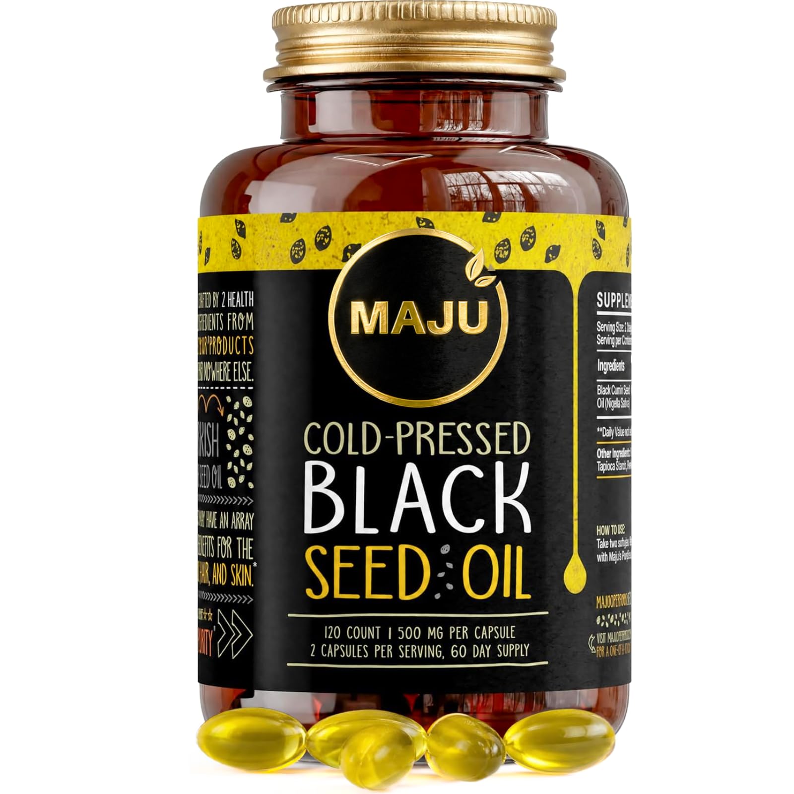 Maju Superfoods Black Seed Oil Capsules - Cold Pressed, 3X Thymoquinone, 100% Turkish Black Cumin Nigella Sativa Seed Oil, Liquid Pure Blackseed 60 Count, 500mg per Capsule