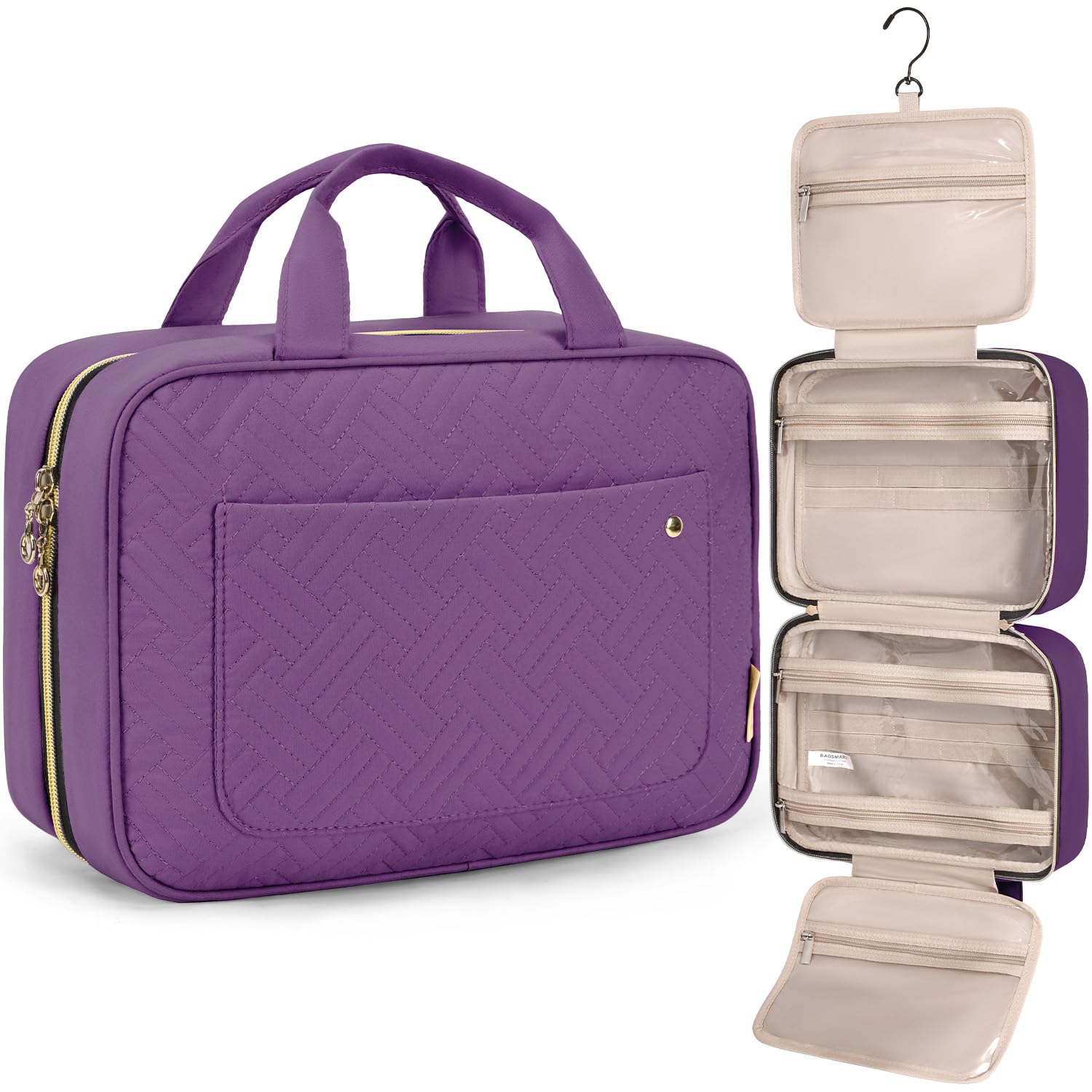 Buy now BAGSMART Toiletry Bag Travel Bag with Hanging Hook, Water-resistant Makeup Cosmetic Bag Travel Organizer for Accessories, Shampoo, Full-size Container, Toiletries (Baby Pink, Medium) Large Purple at indiglob india