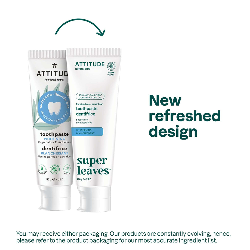 Attitude Whitening Fluoride-Free Toothpaste, Peppermint Flavor, Sugar-Free, Plant & Mineral-Based Formula, Vegan & Cruelty-Free, Clean Oral Care, 4.2 Oz