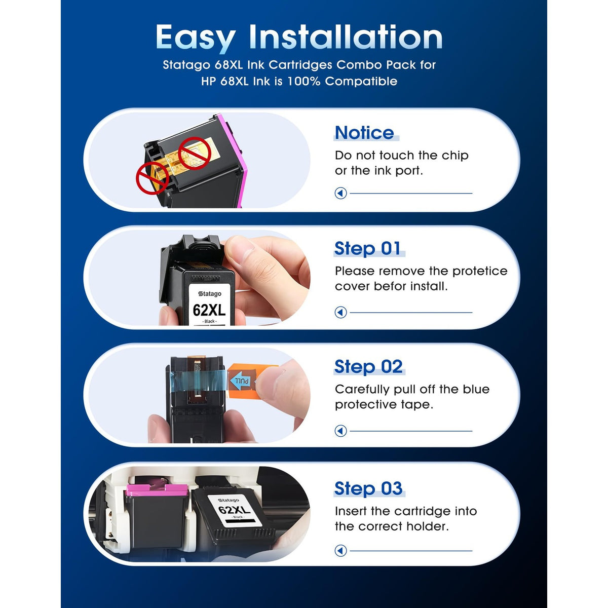 62XL Ink Cartridge Combo Pack for HP Ink 62 XL Black and Color for HP 62XL