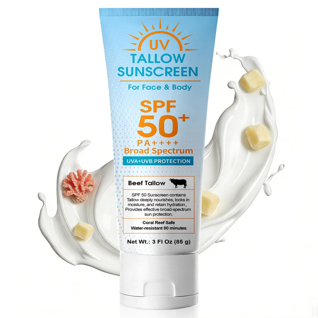 Beef Tallow Sunscreen, Broad Spectrum Mineral Lotion with Non-Nano Zinc Oxide - No White Cast, Non-Greasy, Reef-Safe & Water-Resistant for Sensitive Skin (3 Fl Oz)