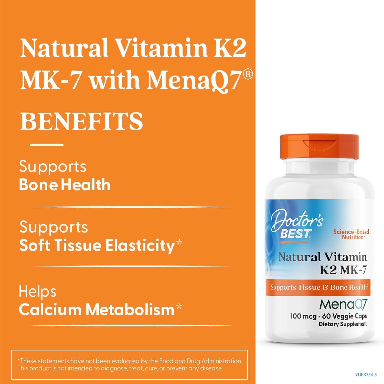 Doctor's Best Natural Vitamin K2 MK7 Supplement for Men & Women - Bone Health Support, 100 mcg Vitamin K-2 MK-7 Capsules with MenaQ7, Calcium Support, Non GMO, Vegan - 60 Veg Caps
