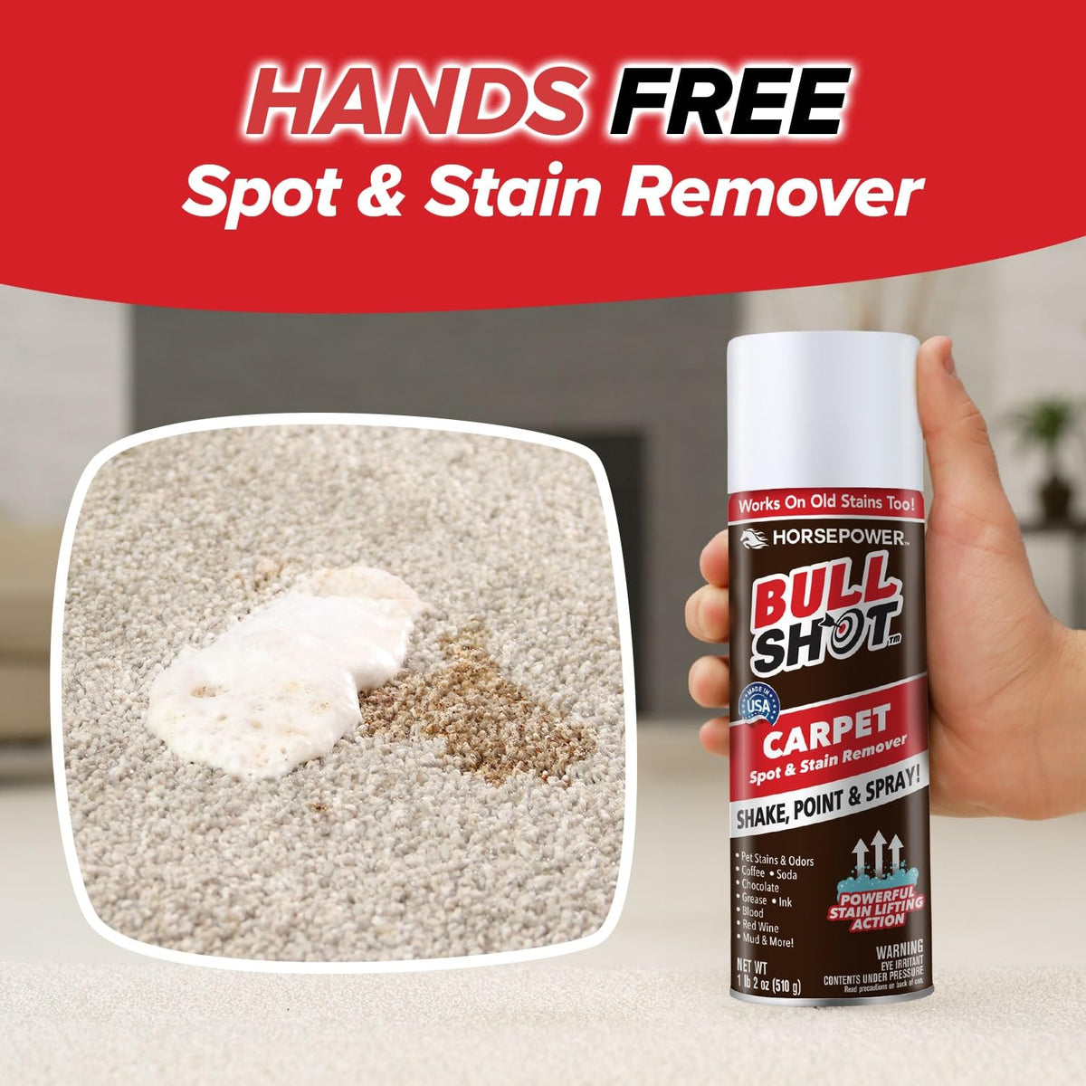 Bull Shot Carpet Spot & Stain Remover, AS SEEN ON TV, Made In USA, Just Point & Spray, Stain-Lifting Foam-Action, Pet Stains & Odors, Coffee, Soda, Wine, Stains, 2 Pack