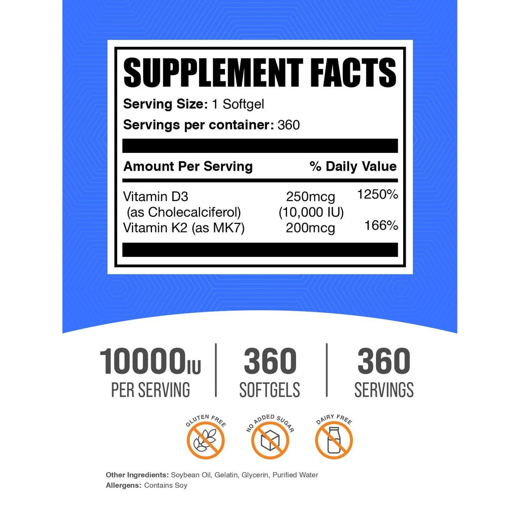 BulkSupplements.com Vitamin D3 + K2 10000 IU Softgels - K2 D3 Vitamin Supplement, for Immune Health - Gluten Free, 1 Softgel per Serving, 360 Count (Pack of 1)