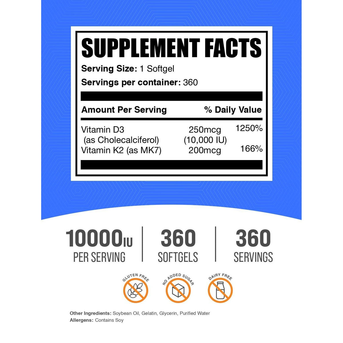 BulkSupplements.com Vitamin D3 + K2 10000 IU Softgels - K2 D3 Vitamin Supplement, for Immune Health - Gluten Free, 1 Softgel per Serving, 360 Count (Pack of 1)