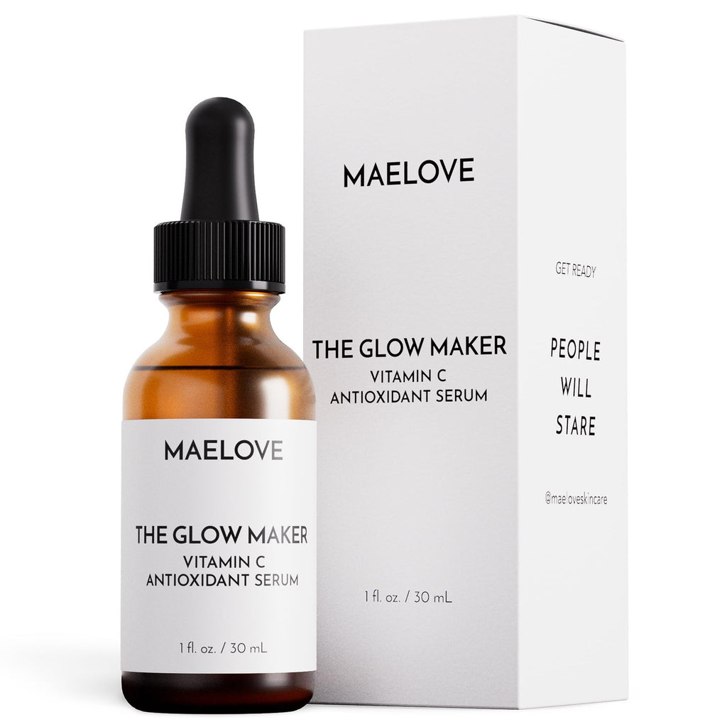 MAELOVE Glow Maker Vitamin C Serum with Vitamin E & Ferulic Acid, 1 fl oz | Gold standard formula of Vitamin C E, Ferulic Acid & Hyaluronic Acid, Award-Winning Brightening and Hydrating Facial Serum