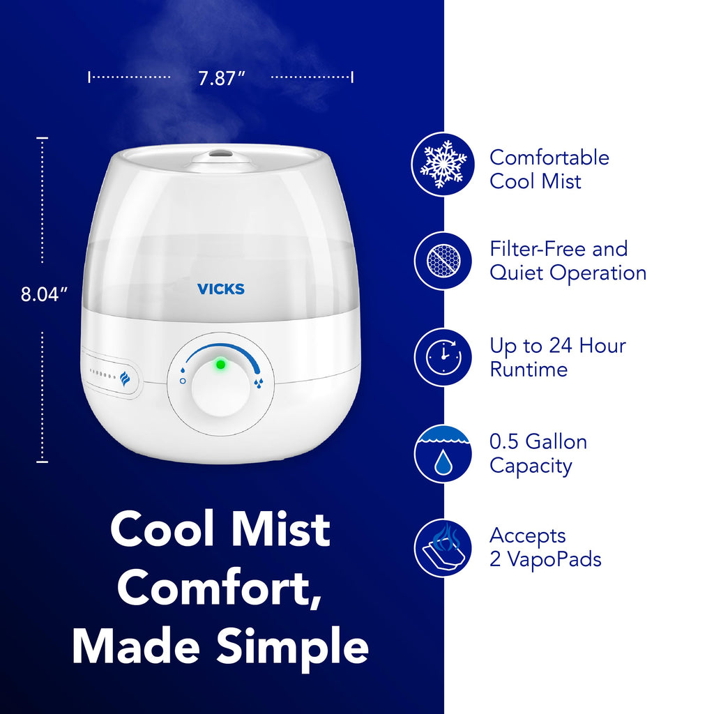 Buy now Vicks Mini Filter Free Cool Mist Humidifier, Small Room ƒ?? Variable Mist Control ƒ?? Works with Vicks VapoPads at indiglob india