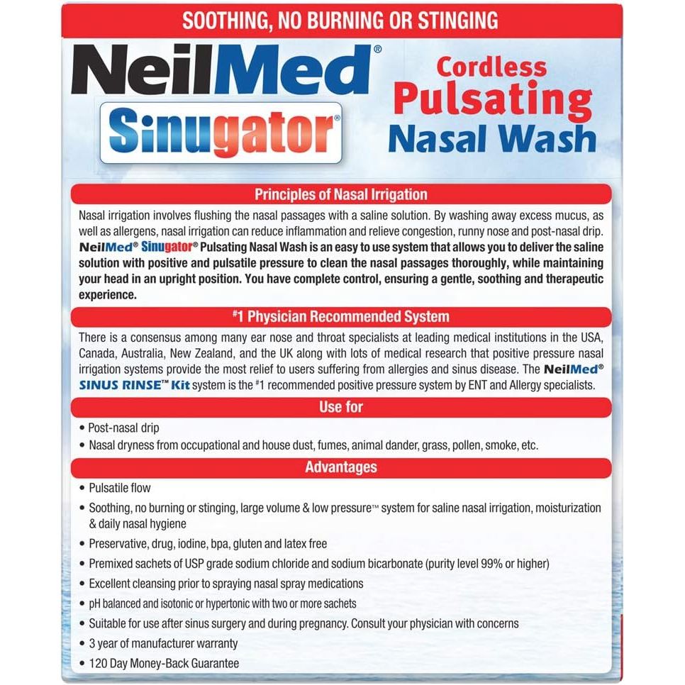 Buy now NeilMed Sinugator Cordless Pulsating Nasal Wash Kit with One Irrigator, 30 Premixed Packets and 3 AA Batteries(Pack of 1) at indiglob india