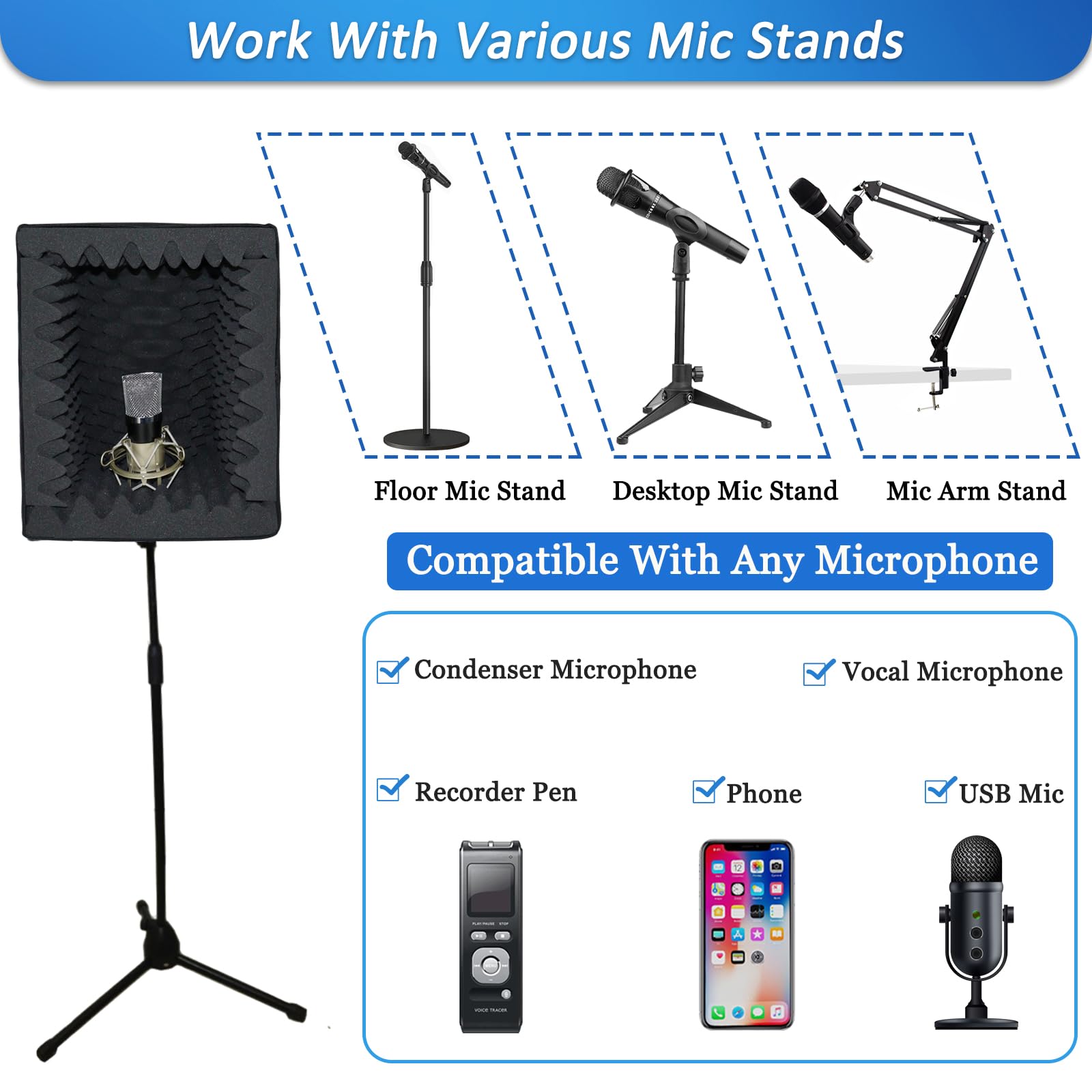 Buy now TroyStudio Portable Vocal Booth, Large Foldable Microphone Isolation Shield, Music Recording Studio Sound Echo Absorbing Box, Desk & Stand Use Reflection Filter with Thickened Dense Acoustic Foam at indiglob india