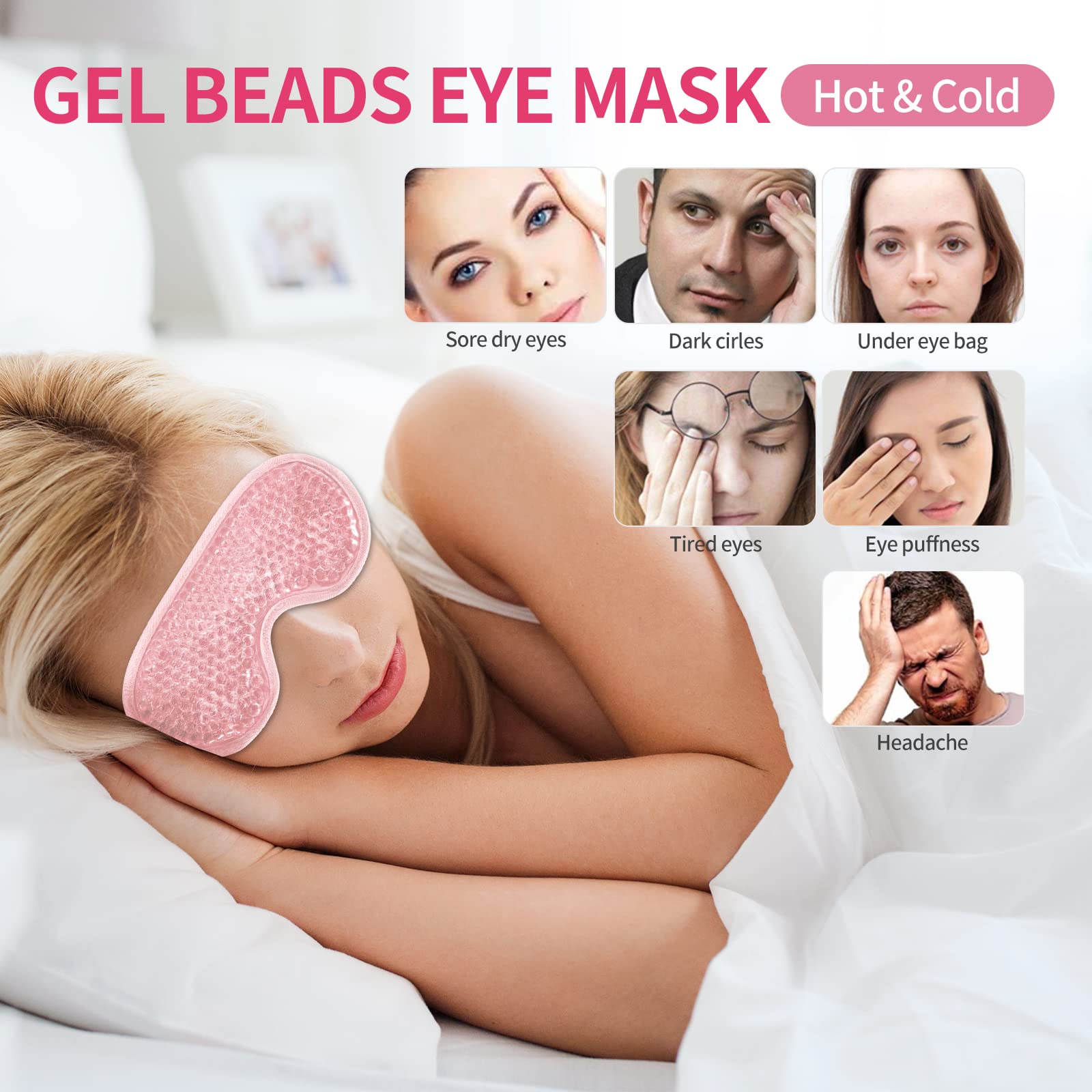 2PCS Gel Eye Mask Reusable Cold Therapy Gel Bead Eye Mask for Puffiness/Dark Circles/Eye Bags/Dry Eyes/Headaches/Migraines/Stress Relief, Cold Compress Mask (Pink)