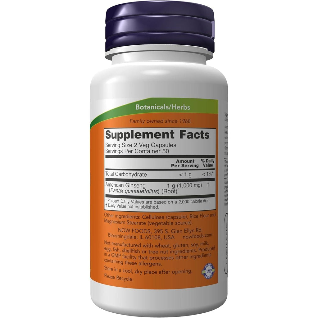 Buy now NOW Foods Supplements, American Ginseng (Panax quinquefolius) 500 mg, Herbal Supplement, 100 Veg Capsules at indiglob india