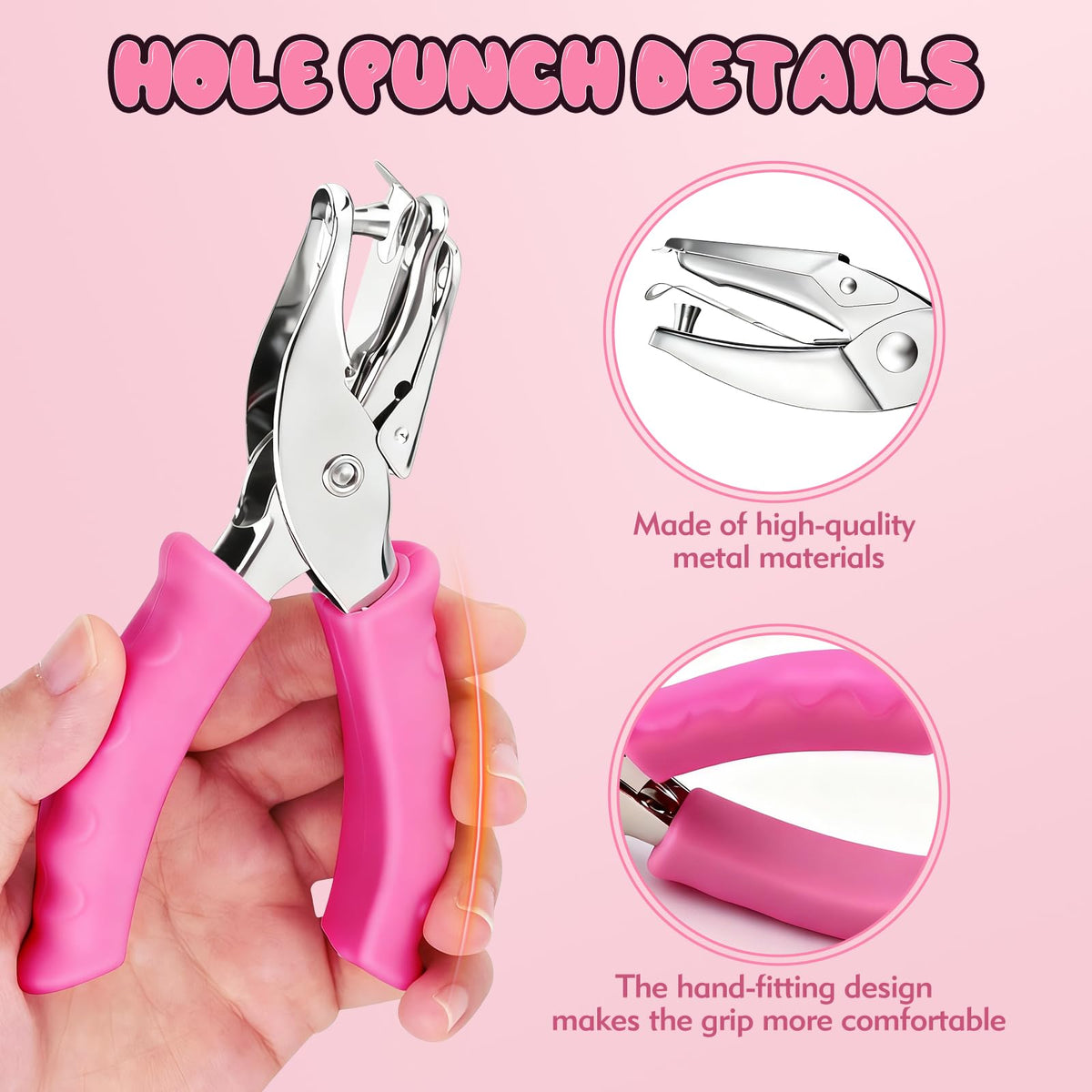 Single Hole Punch, 2 Pcs 1/4" and 1/8" Hole Puncher with Pink Soft Grip