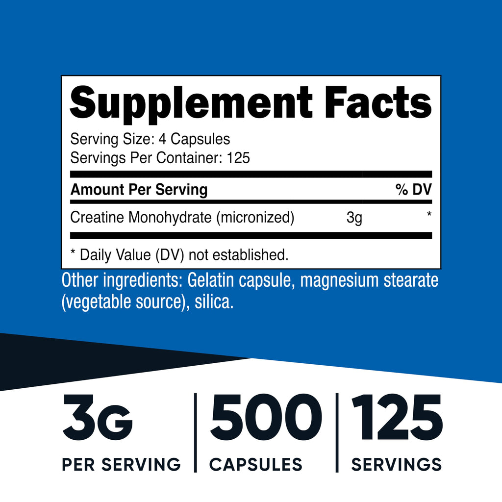 Nutricost Micronized Creatine Monohydrate (3,000mg) 500 Capsules | 125 Servings, 750mg Creatine Per Capsule
