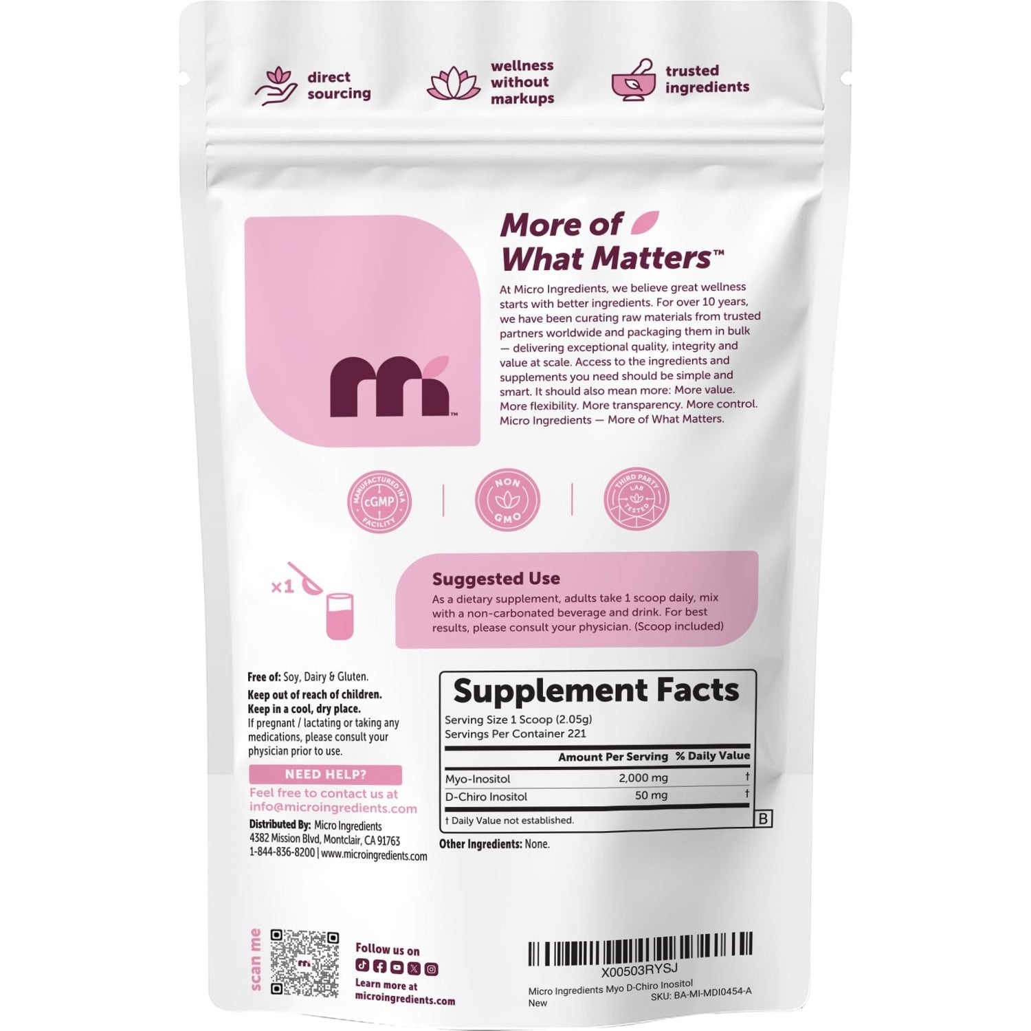 Micro Ingredients Myo-Inositol & D-Chiro Inositol Powder 1lb, 221 Servings | 40:1 Ideal Ratio Inositol Supplement for Women* | Support Hormonal Balance & Ovarian Health* | Non-GMO, Vegan, Filler-Free