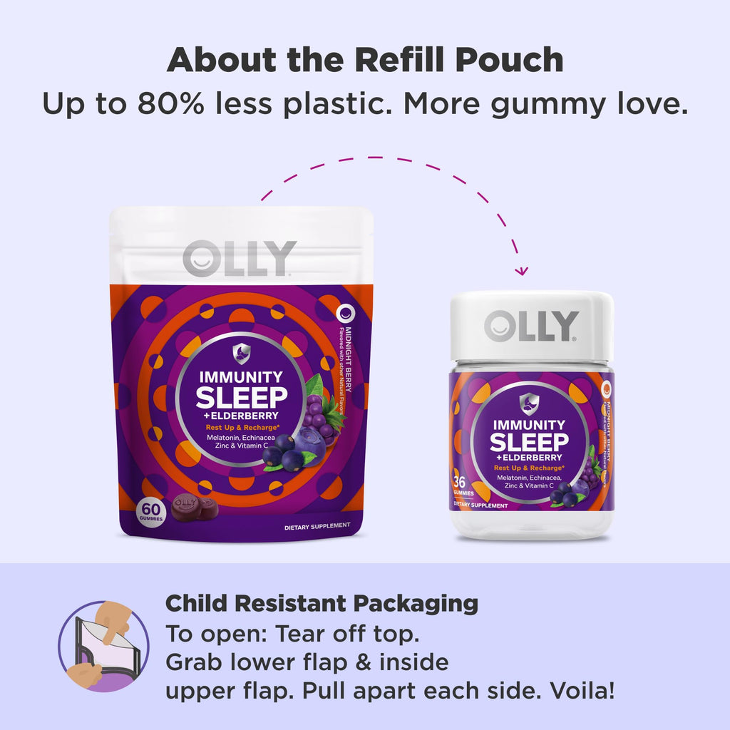 OLLY Immunity Sleep Gummy, Immune and Sleep Support, 3mg Melatonin, Echinacea, Zinc, Vitamin C, Chewable Supplement, Midnight Berry - 60 Count