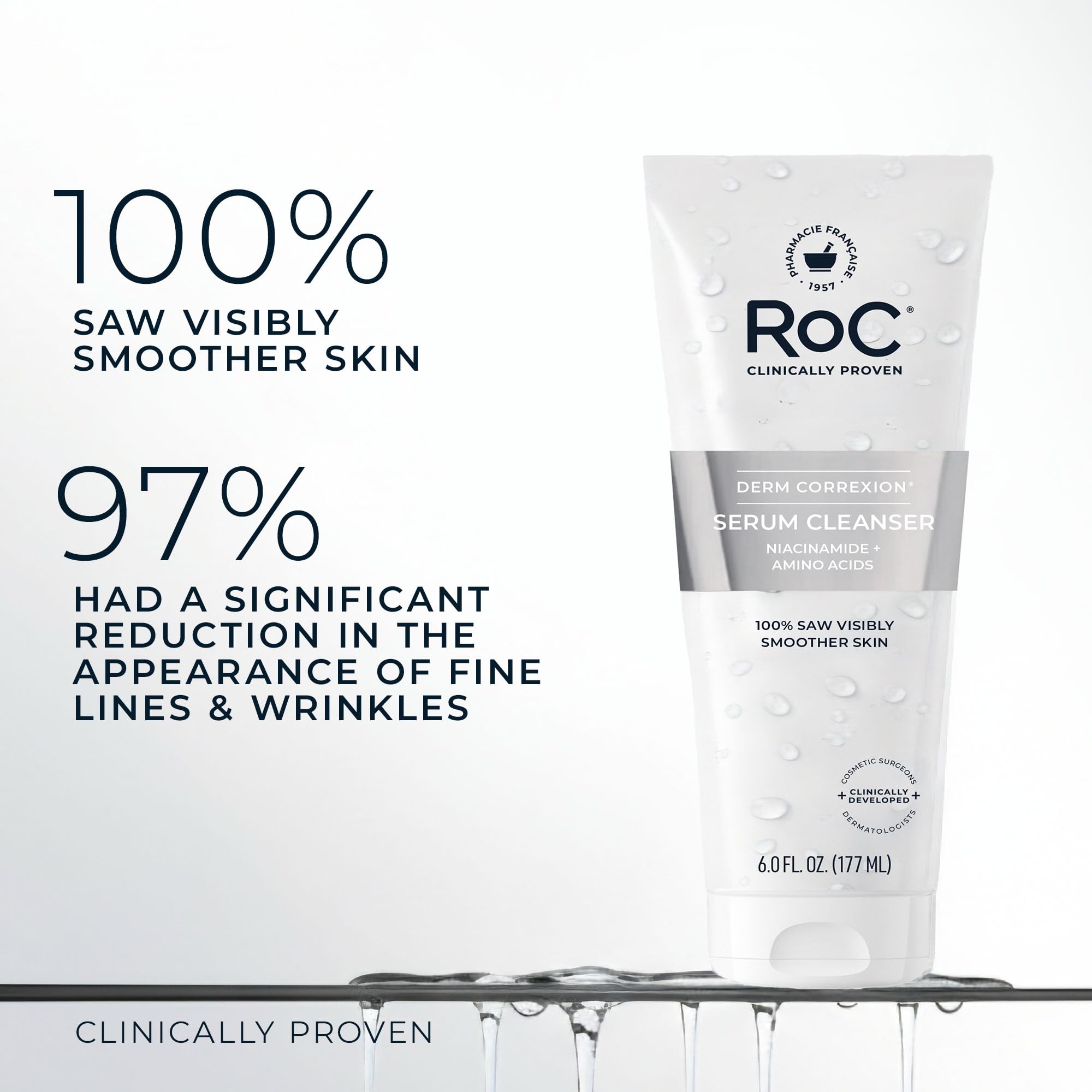 RoC Derm Correxion Serum Facial Cleanser with Niacinamide and Amino Acids | Sensitive skin face wash 6 oz, deeply cleanse oil, dirt, long-wear makeup, for healthy-looking skin, Ophthalmologist Tested