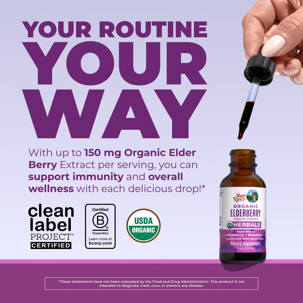 MARYRUTH'S Organic Elderberry Liquid Drops for Adults & Kids, Immunity, 1oz | 150mg Elderberry Extract, Sugar Free, Vegan, Non-GMO