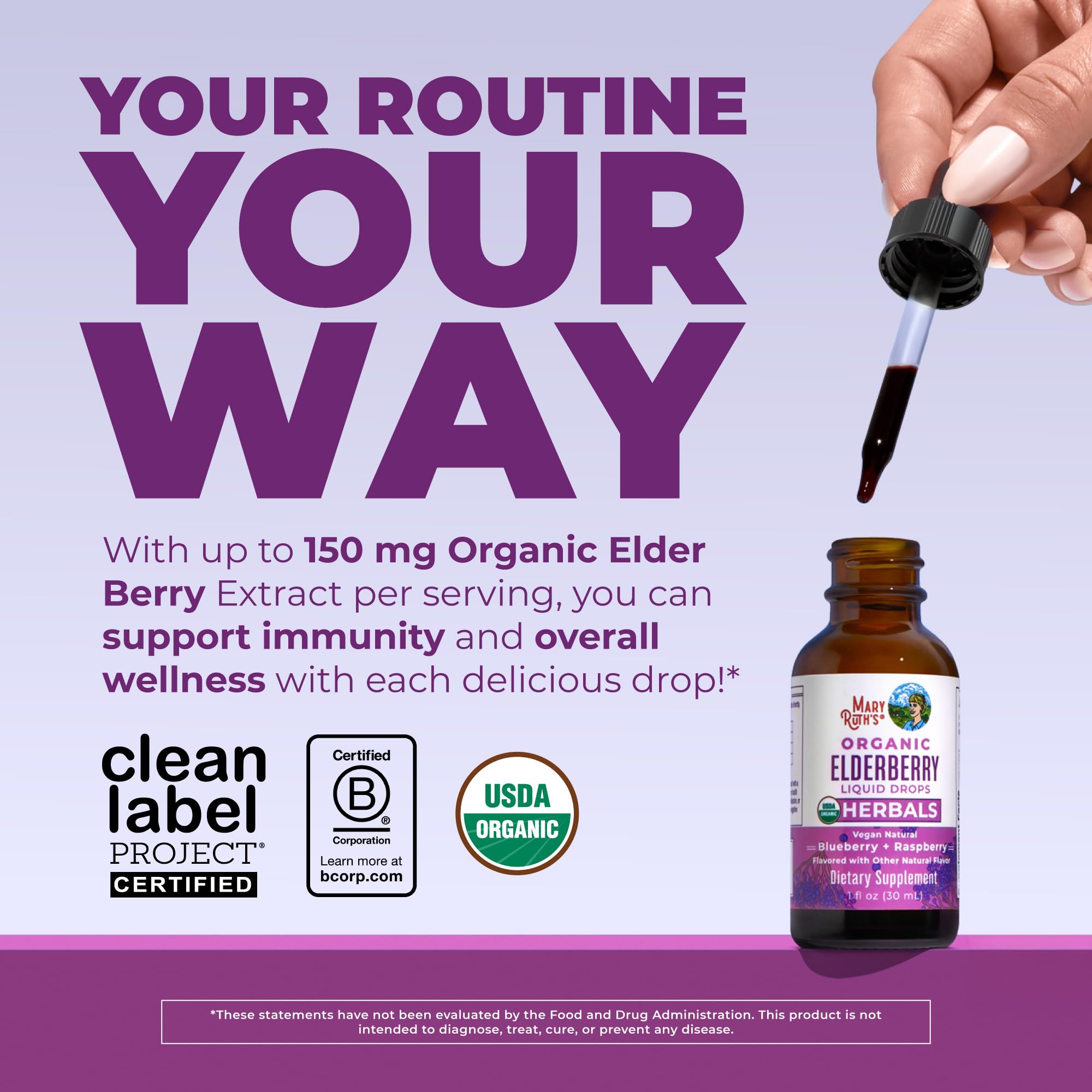 MARYRUTH'S Organic Elderberry Liquid Drops for Adults & Kids, Immunity, 1oz | 150mg Elderberry Extract, Sugar Free, Vegan, Non-GMO