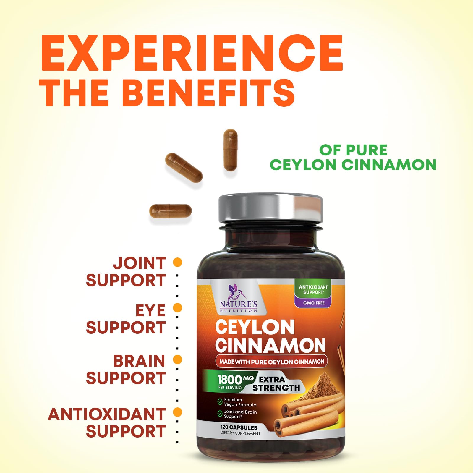 Organic Ceylon Cinnamon Capsules - Extra Strength Certified Organic Ceylon Cinnamon Supplement 1800mg Per Serving - Energy & Heart Support Antioxidant Pill for Women & Men, Bottled USA - 120 Capsules