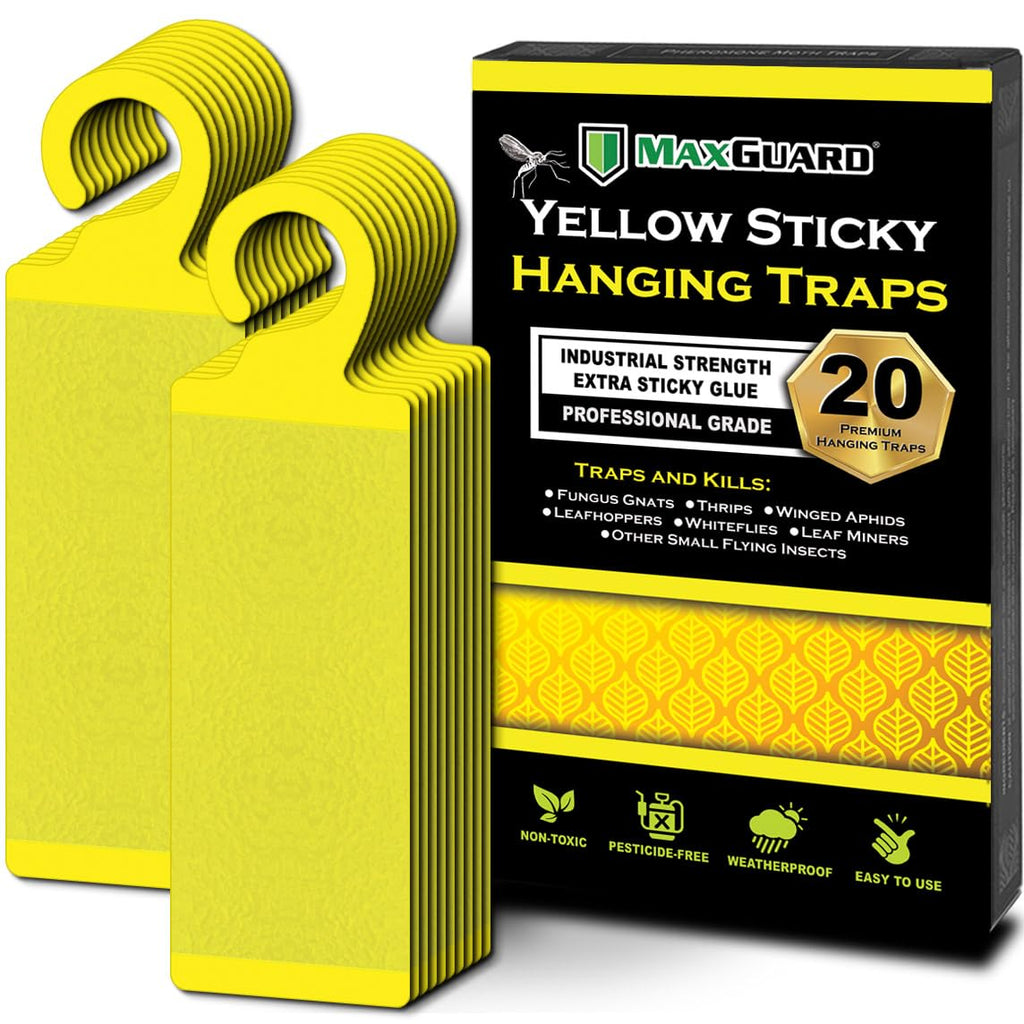 MaxGuard (20 Pack) Yellow Sticky Hanging Traps - Catch and Kill Fungus Gnats, Whiteflies, Mosquitos, Aphids, Leaf Miners, Flying Insect Catcher Glue Trappers for Indoor or Outdoor