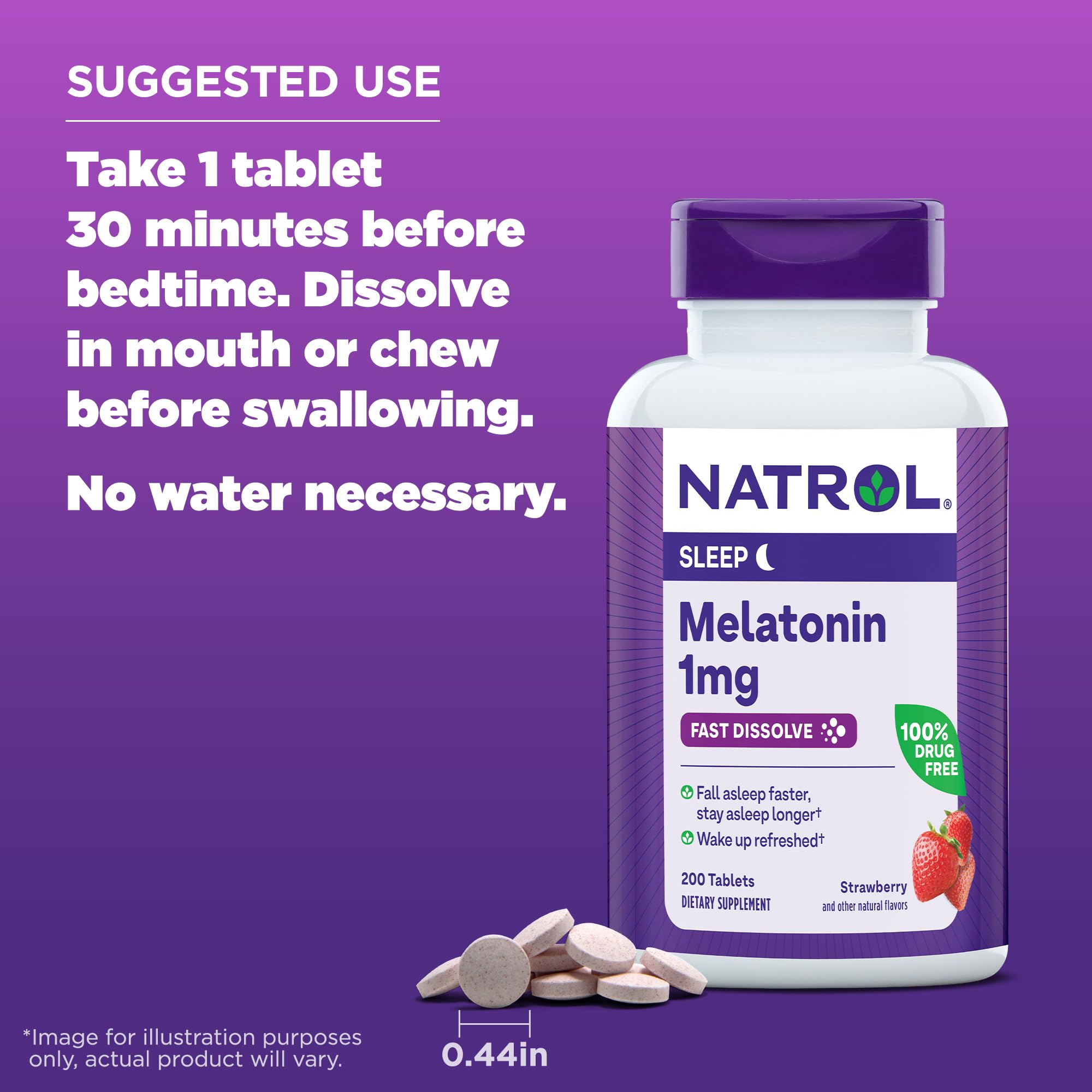 Natrol Melatonin 1 mg Fast Dissolve Tablets, Strawberry, 200 Count | Nighttime Sleep-Aid for Adults, 100% Drug-Free, Non-Habit Forming, For Occasional Sleeplessness, Supports Circadian Rhythm