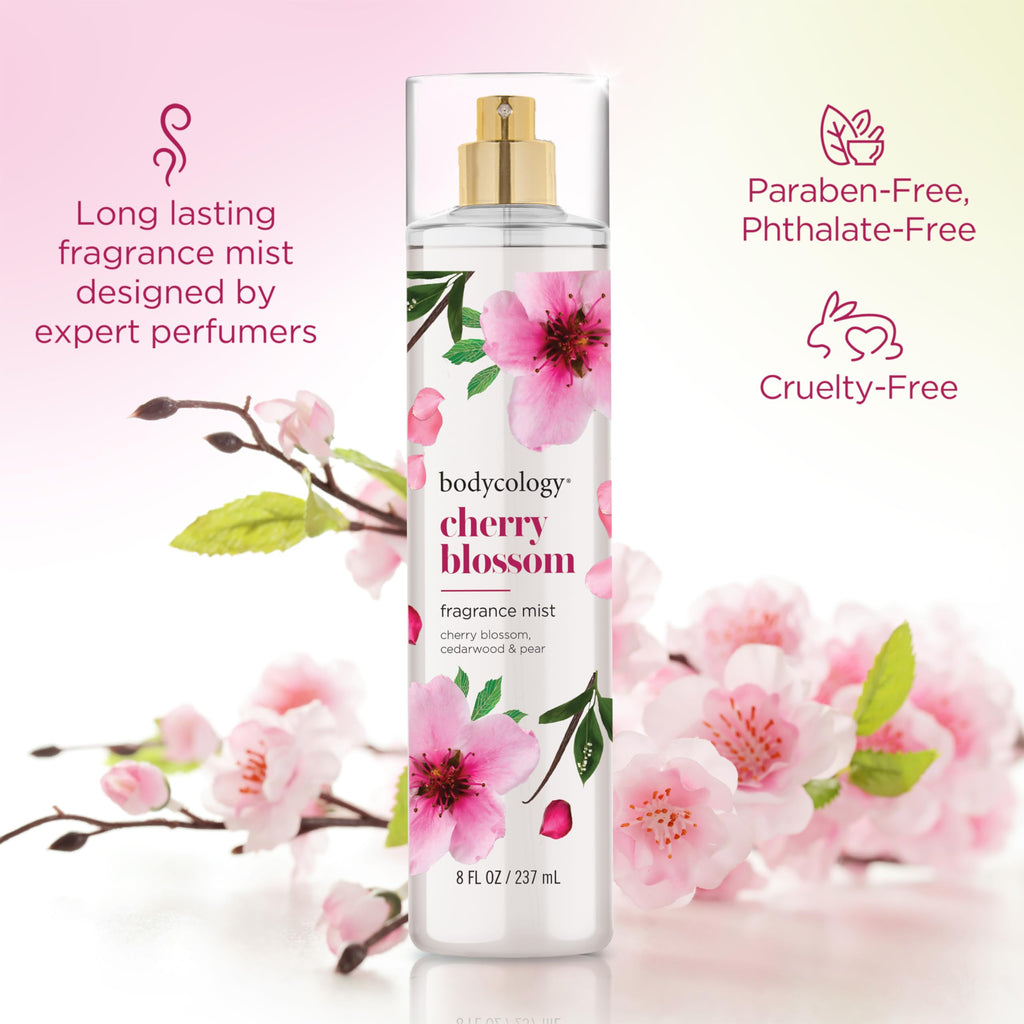 Bodycology's Cherry Blossom Fragrance Mist, 8 fl oz, paraben and phthalate-free, cruelty-free, designed by expert perfumers.