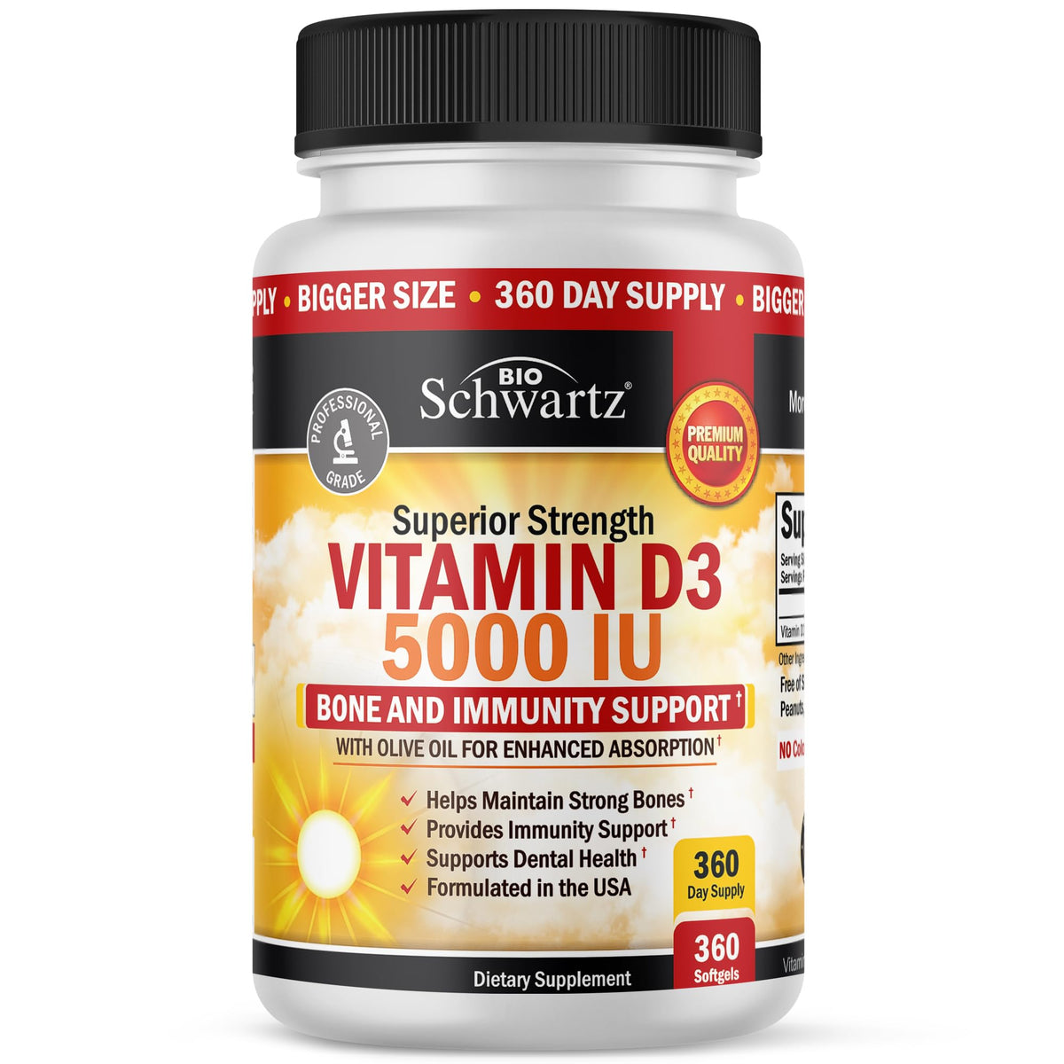 Vitamin D3 5000 IU (125 mcg) Supplement, 360 Softgels