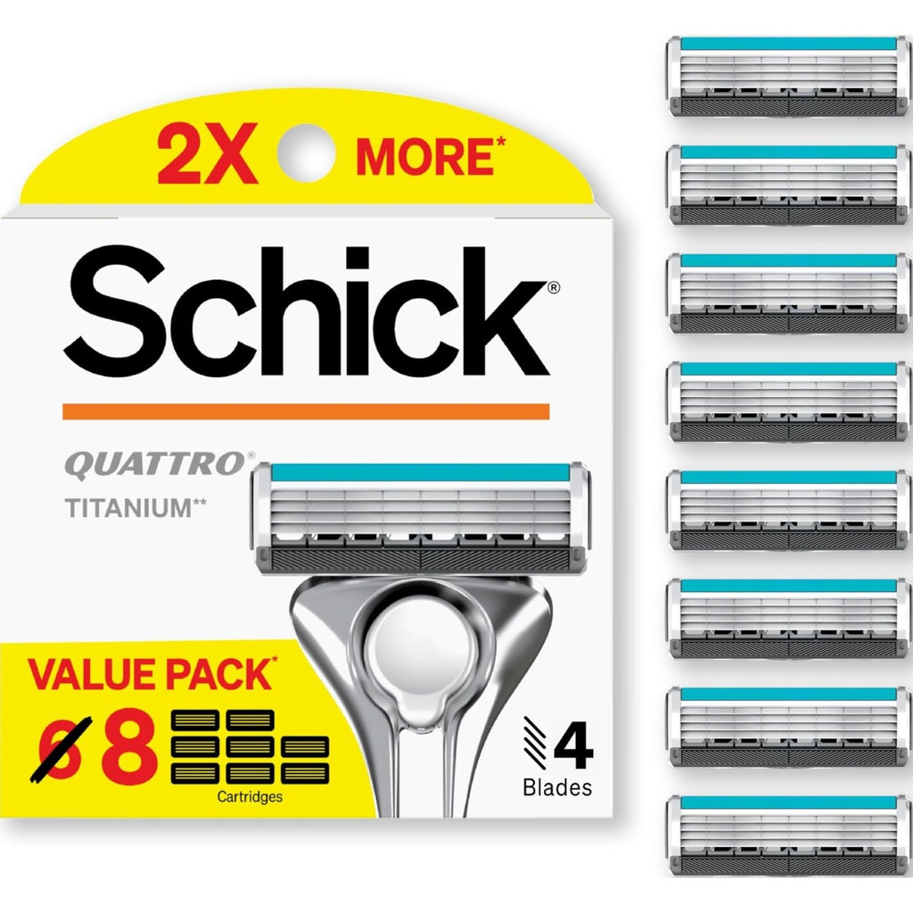 Schick Quattro Titanium 4-Blade Mens Razor Blades Refills, 8ct | Titanium-coated 4-blade razors for men, Smooth-gliding lubricating strip, Pivoting head contours face, Precision edging tool
