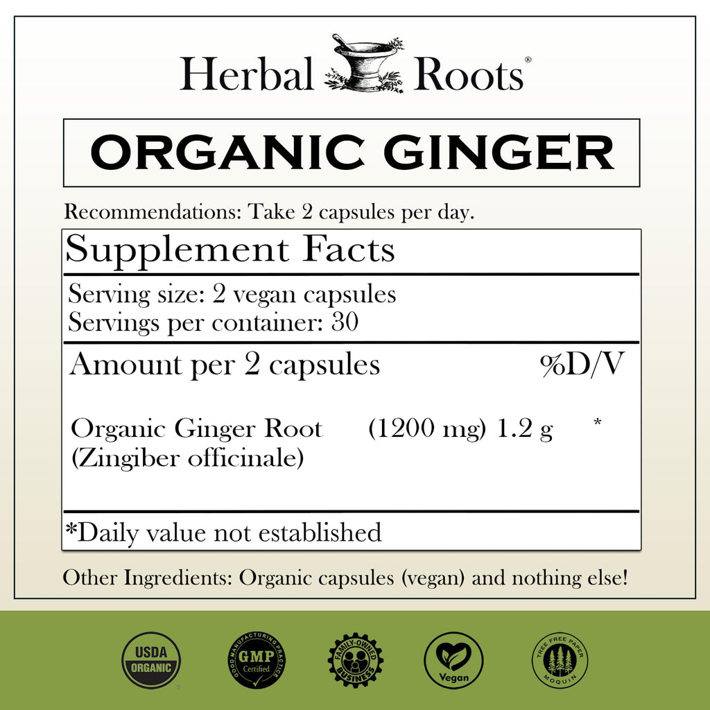 Herbal Roots Organic Ginger Capsules - Digestive Support - USDA Certified Organic - 60 Vegan Capsules