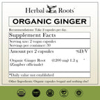 Herbal Roots Organic Ginger Capsules - Digestive Support - USDA Certified Organic - 60 Vegan Capsules