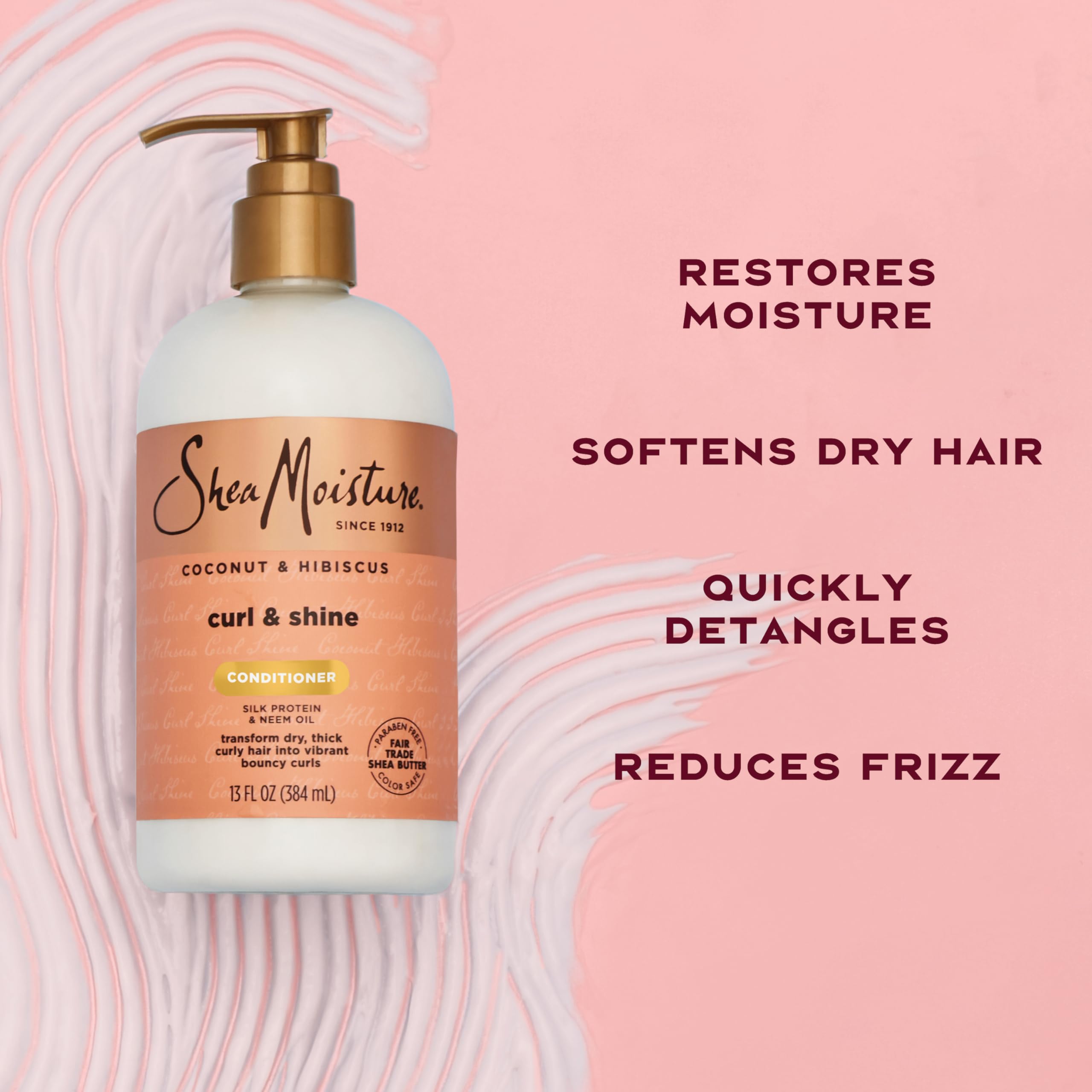 Shea Moisture Curl & Shine Conditioner Coconut & Hibiscus, for Thick, Curly Hair to Moisturize & Soften, 13 oz | Moisturizing conditioner with Coconut Oil, Neem Oil & Silk Protein to quickly detangle, reduce frizz, and hydrate curls.