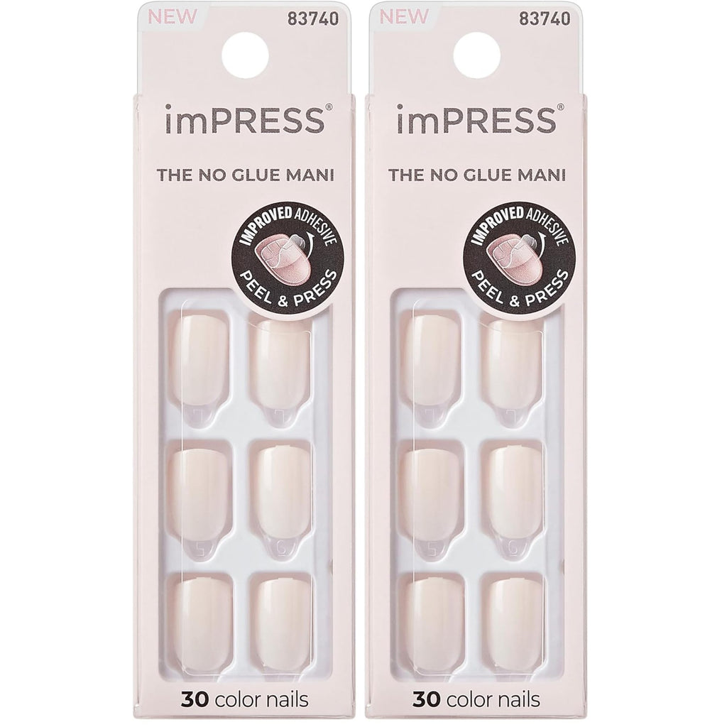 Kiss Impress No Glue Mani Press On Nails, Color, 'Point Pink', Pink, Short Size, Squoval Shape, Includes 30 Nails, Prep Pad, Instructions Sheet, 1 Manicure Stick, 1 Mini File