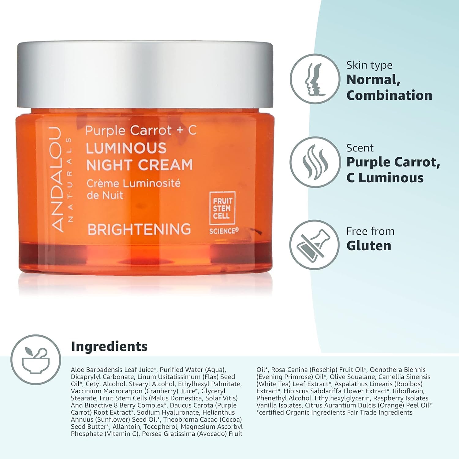 Buy now Andalou Naturals Purple Carrot + Vitamin C Luminous Skin Night Cream - Hydrating Face Moisturizer - With Fruit Stem Cell Complex for Radiant Skin - 1.7 fl oz at indiglob india